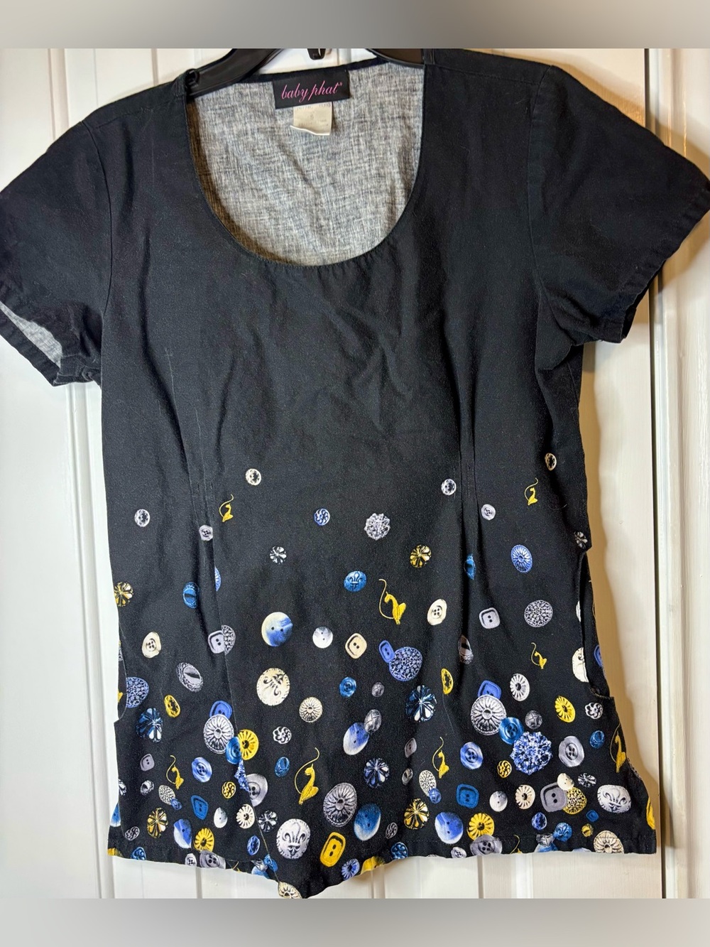 Baby Phat Black Short Sleeve Scrub top with Blue & Yellow Button Motif